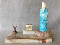 Vintage Onyx Stone Desk Clock & Chinese Statue
