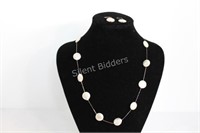 Sterling Silver Flat Pearl Necklace & Earring Set