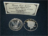 2 GENUINE US HANDCUT SILVER DOLLARS - 1923 PEACE