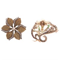 Pair of Art Nouveau Enamel & Seed Pearl Brooches