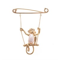 A Lady's 14K Pearl Monkey on a Swing Brooch
