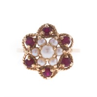 A Lady's Ruby and Pearl Cocktail Ring in 14K