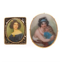 A Pair of Painted Porcelain Miniature Brooches