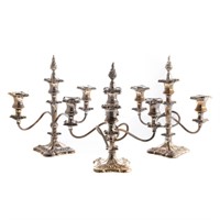 Three Rococo silver plated candelabrum