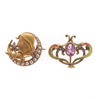 A Pair of Art Nouveau Brooches with Enamel in Gold
