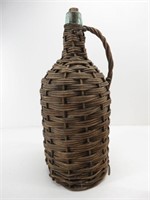 Very Old Wicker Wrapped Wine Jug with Cork Stopper
