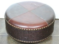 Round Leather Western Ottoman w/ Tooling