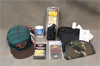 Assorted Hats, Pistol Cases, Gun Cleaning Supplies