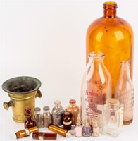 Mixed Lot Vintage Glass Bottles & Brass Mortar