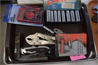 Tray of Tools-Vise Grips, Box Cutter, Socket Set,