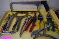 Tray of Tools-Tin Snips, Vise Grips, Hacksaw, misc