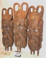 Three Wood Carved Tribal Heads