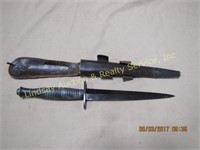 Military dagger knife w/ leather sheath, marked