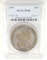 1799 PCGS XF40 GRADED DRAPED BUST DOLLAR COIN