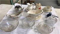 Assorted serving pieces, creamers, gravy boat