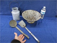 antique enamelware strainer & other items