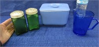 old blue refrige jar -green shakers -blue creamer