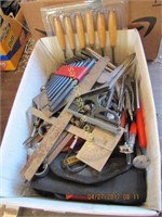 Box of protractors, small pullers, misc tools