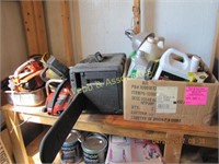 Box solvents, chain saw case, 3 chainsaws & parts