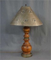 Vintage Knotty Pine Post & Pressed Tin Table Lamp