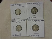 4 Silver Mercury Dimes 1943, 1943-S & D