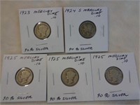 5 Silver Mercury Dimes 1923, 1924-S & 1925