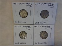4 Silver Mercury Dimes 1937, 1937-D & 1937-S