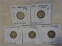 5 Silver Mercury Dimes 1919, 1920 & 1920-D