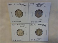 4 Silver Mercury Dimes 1938-D, 1939, 1939-S