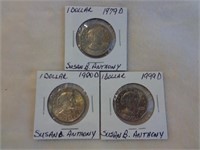 3 Susan B. Anthony Dollars 1979-D, 80-D & 99-D