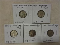 5 Silver Mercury Dimes 1941, 1941-D & S