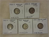 5 Silver Mercury Dimes 1943, 1943-S & D