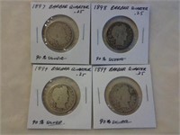 4 Silver Barber Quarters 1897, 1898, 1899