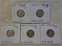 5 Silver Mercury Dimes 1925, 1927 & 1929
