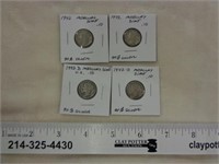 4 Silver Mercury Dimes 1942 & 1942-D