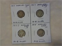 4 Silver Mercury Dimes 1917, 1917-D & 1918