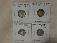 4 Siler Mercury Dimes 1943 & 1943-D