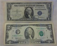 1935-F $1 Silver Certificate & 1995 $2 Note