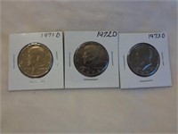 3 Kennedy Half Dollars 1971-D, 72-D & 73-D