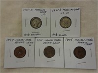 2 Silver Mercury Dimes & 3 Indian Head Cents
