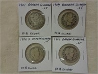 4 Silver Barber Quarters 1901, 1904, 1906 & 1914