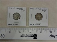 2 Silver Mercury Dimes 1940-D