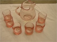 Set Of Pink Iced Tea Pitcher And Glasses