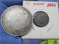 1895-o morgan dollar & 1889 indian head cent