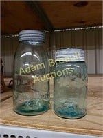 (2) blue glass Crown (Canada) canning jars