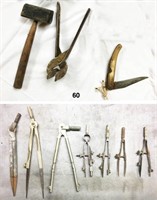 Lot: pocket knife; 2 tin tools & drafting tools