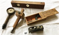 Lot: 12" wooden level; Lufkin micrometer; &c.