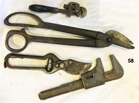 Lot: 9"  AUTO wrench; tin snips; pipe wrench; shea