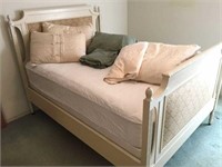 bed frame, springs, mattress, linens, pillows