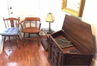 RCA player,records,mirror,chairs,TV stand,lamp